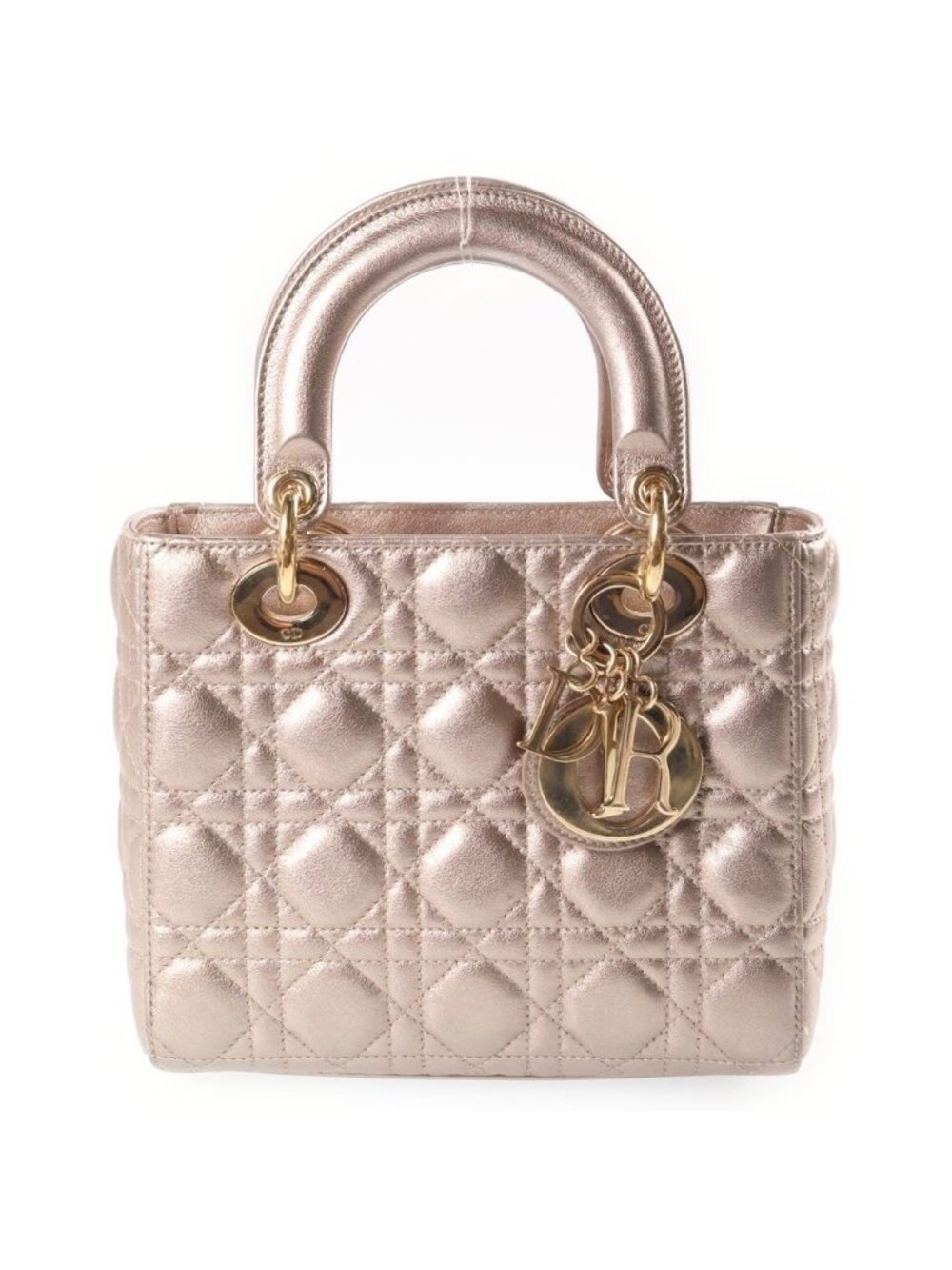 Dior Lady Dior Cannage Metallic 2-Way Shoulder Bag Gold Leather
